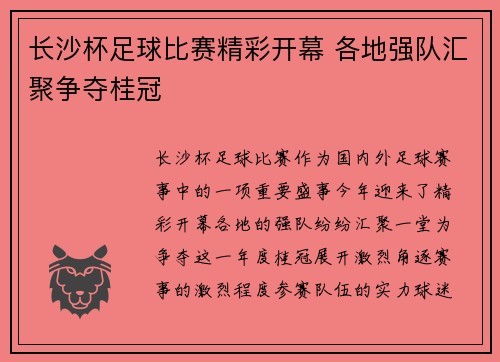 长沙杯足球比赛精彩开幕 各地强队汇聚争夺桂冠