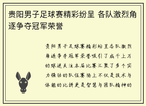 贵阳男子足球赛精彩纷呈 各队激烈角逐争夺冠军荣誉