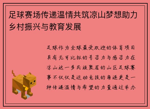足球赛场传递温情共筑凉山梦想助力乡村振兴与教育发展