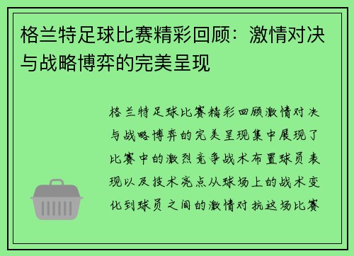 格兰特足球比赛精彩回顾：激情对决与战略博弈的完美呈现