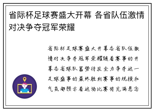 省际杯足球赛盛大开幕 各省队伍激情对决争夺冠军荣耀