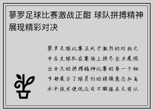 蓼罗足球比赛激战正酣 球队拼搏精神展现精彩对决