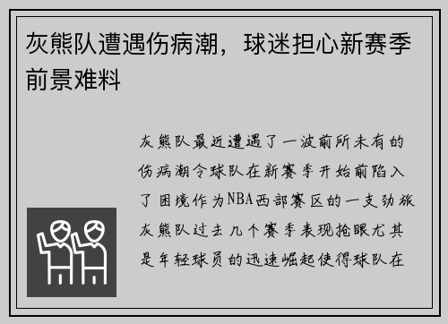 灰熊队遭遇伤病潮，球迷担心新赛季前景难料