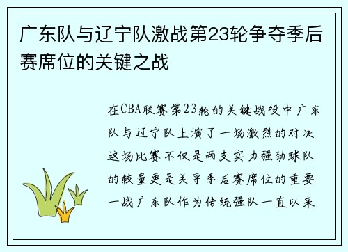 广东队与辽宁队激战第23轮争夺季后赛席位的关键之战