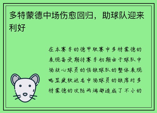 多特蒙德中场伤愈回归，助球队迎来利好