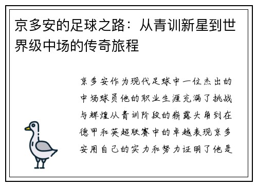 京多安的足球之路：从青训新星到世界级中场的传奇旅程