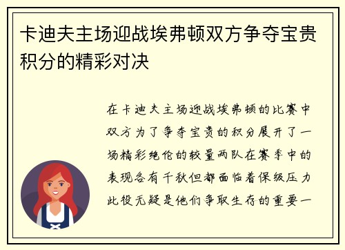 卡迪夫主场迎战埃弗顿双方争夺宝贵积分的精彩对决