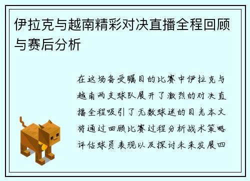 伊拉克与越南精彩对决直播全程回顾与赛后分析