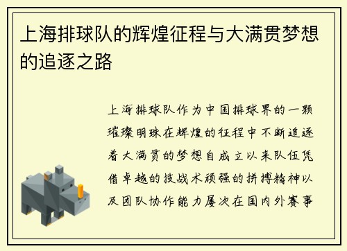 上海排球队的辉煌征程与大满贯梦想的追逐之路