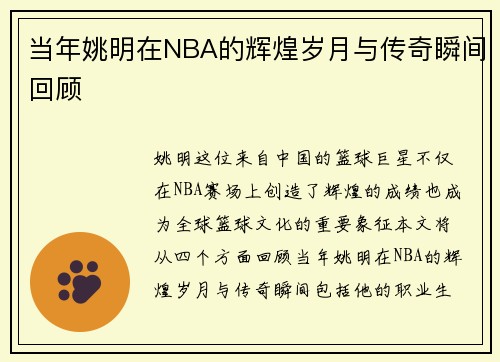 当年姚明在NBA的辉煌岁月与传奇瞬间回顾