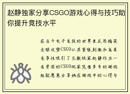 赵静独家分享CSGO游戏心得与技巧助你提升竞技水平